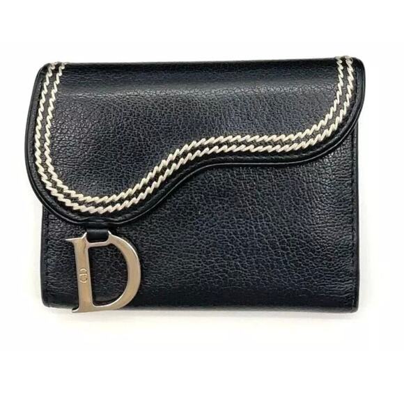Christian Dior Saddle Leather Tri-fold Black Card Case Wallet - Picture 1 of 9